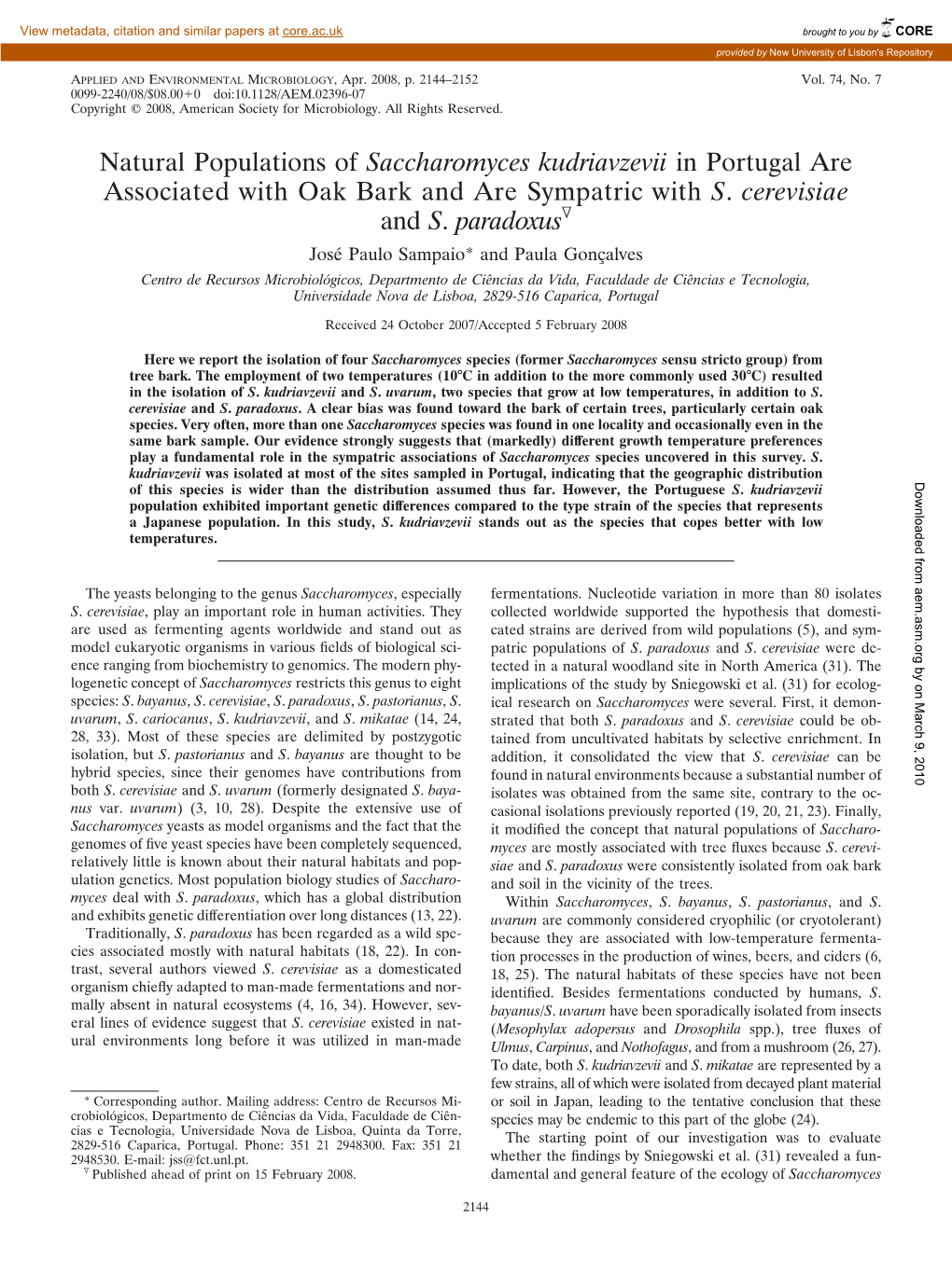 Saccharomyces Kudriavzevii in Portugal Are Associated with Oak Bark and Are Sympatric with S