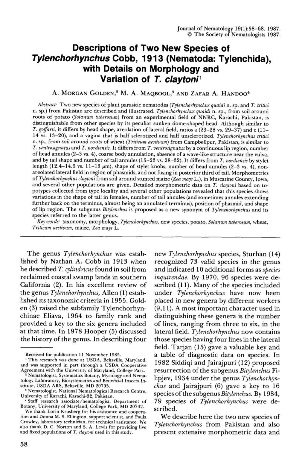 Descriptions of Two New Species of Tylenchorhynchus Cobb, 1913 (Nematoda: Tylenchida), with Details on Morphology and Variation of 7"