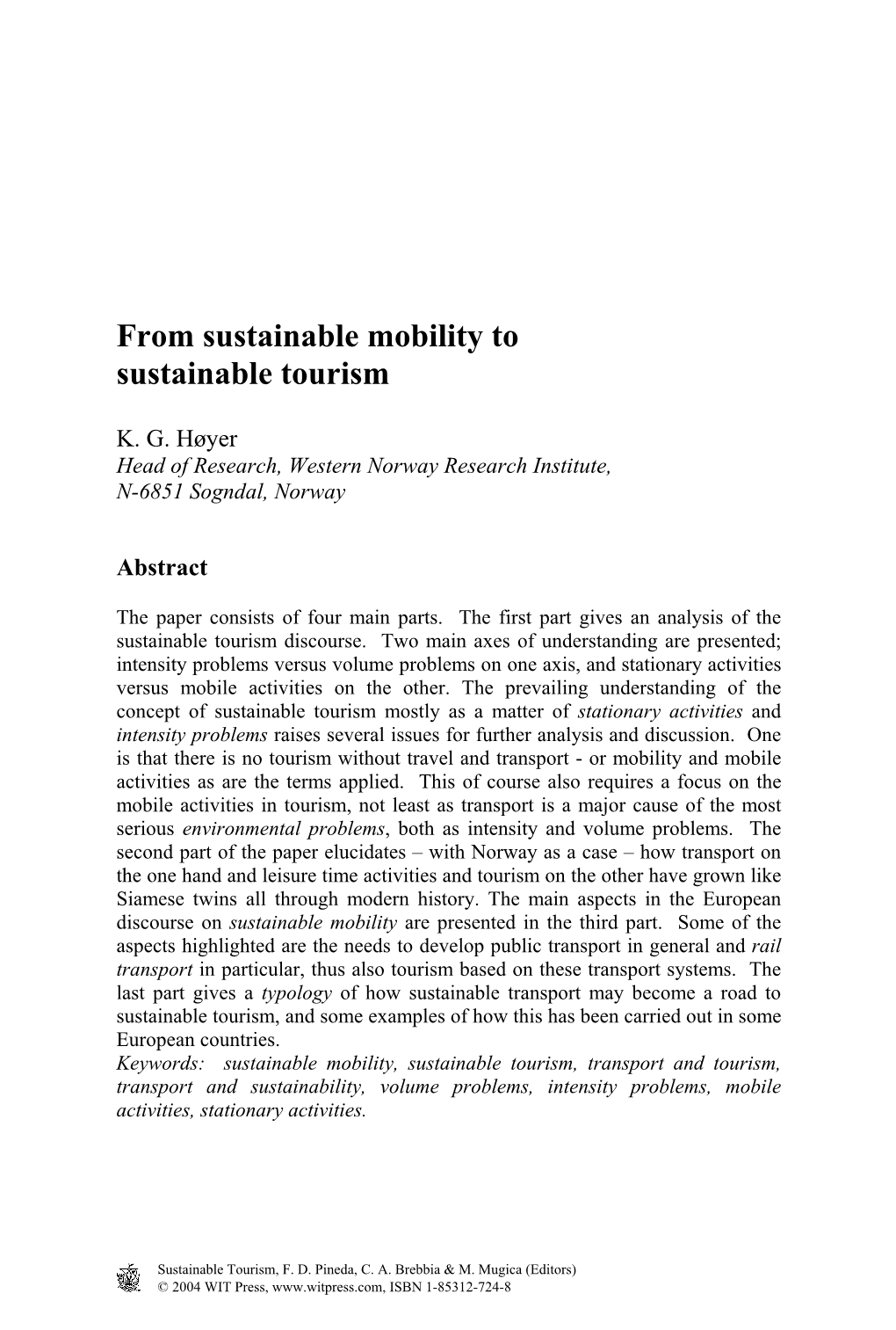 From Sustainable Mobility to Sustainable Tourism