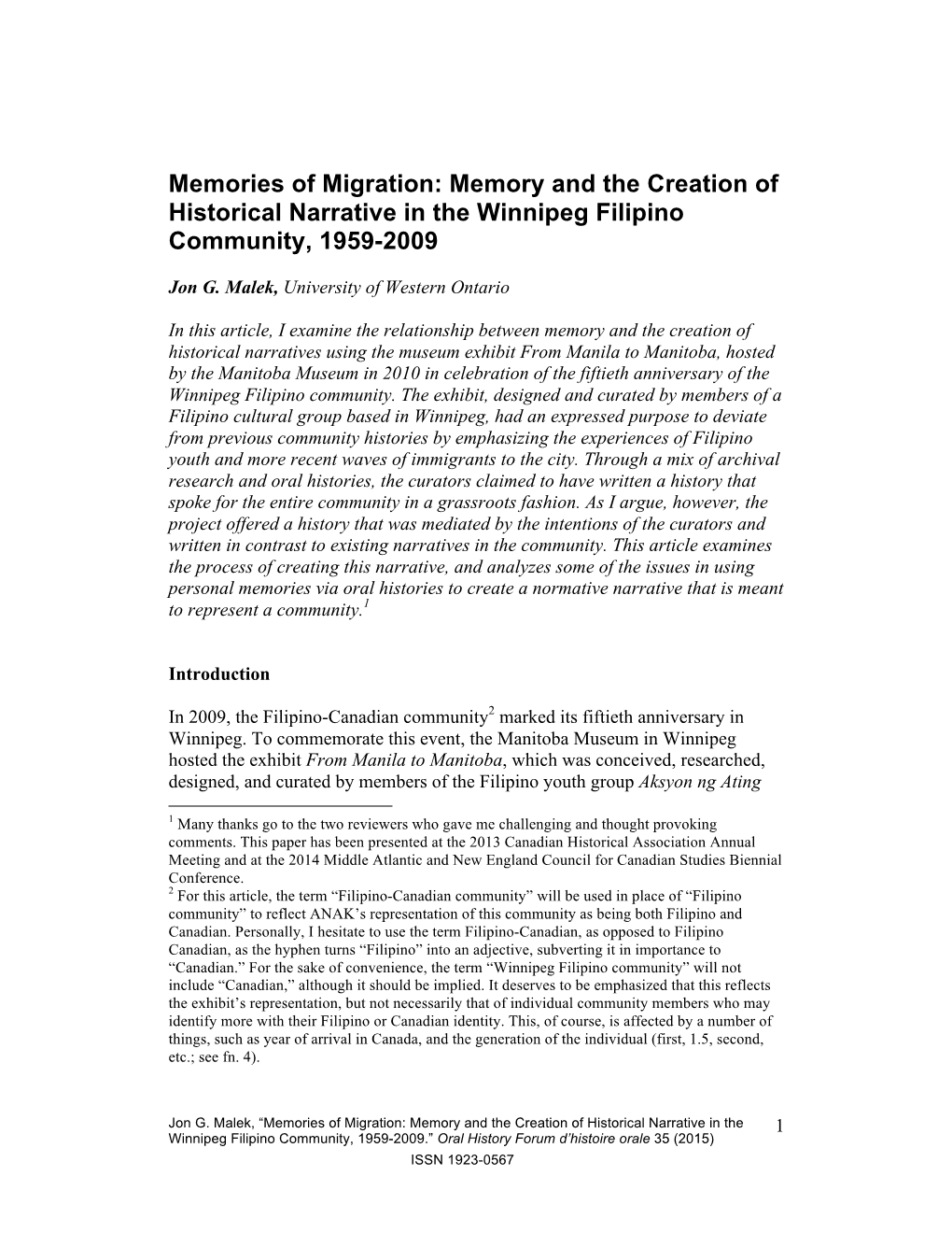 Memory and the Creation of Historical Narrative in the Winnipeg Filipino Community, 1959-2009