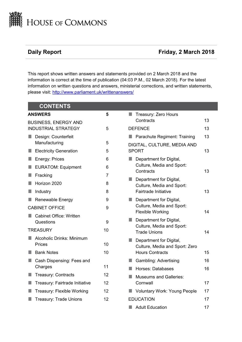 Daily Report Friday, 2 March 2018 CONTENTS