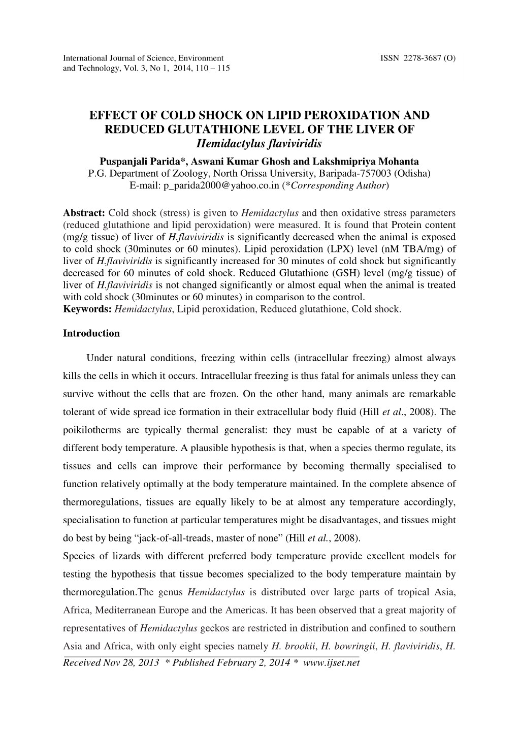 Effect of Cold Shock on Lipid Peroxidation and Reduced