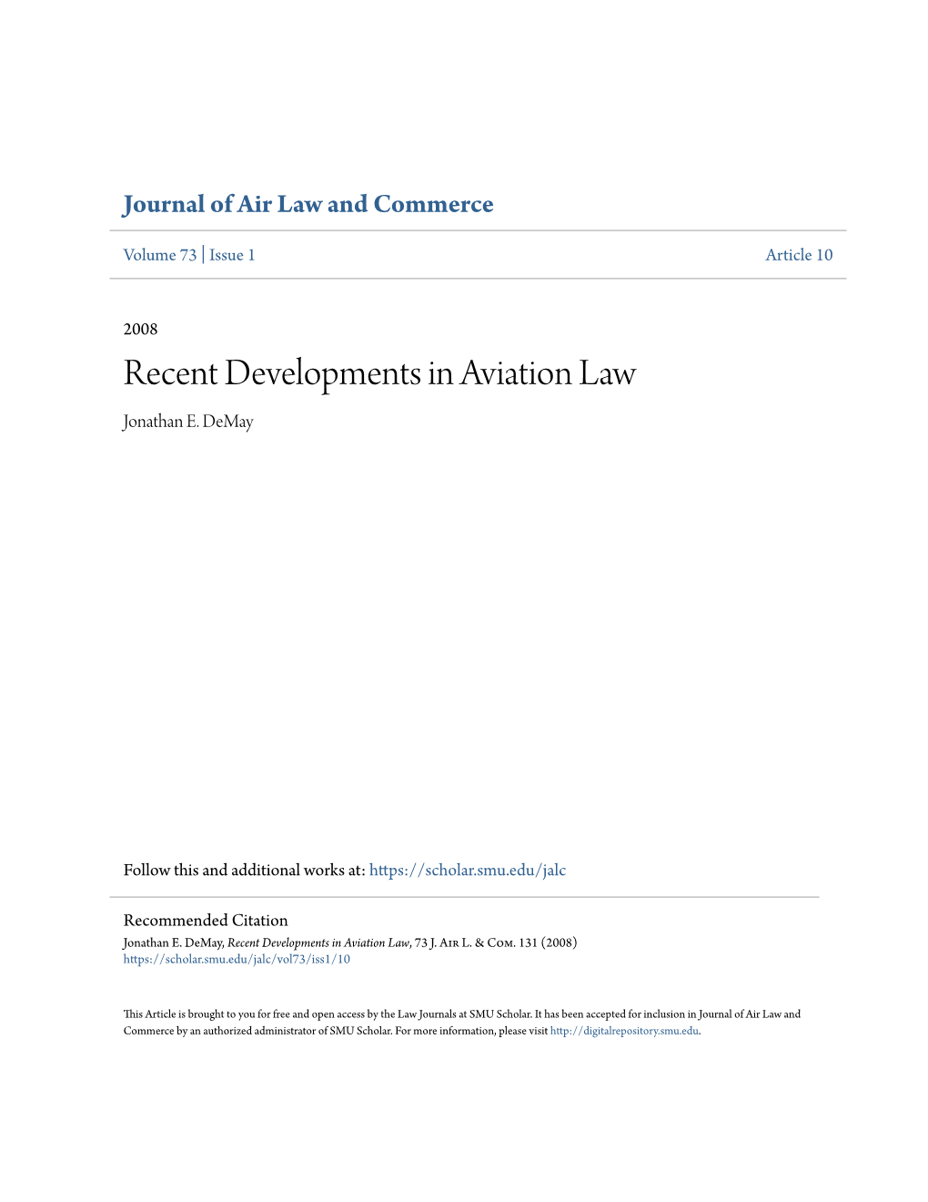 Recent Developments in Aviation Law Jonathan E