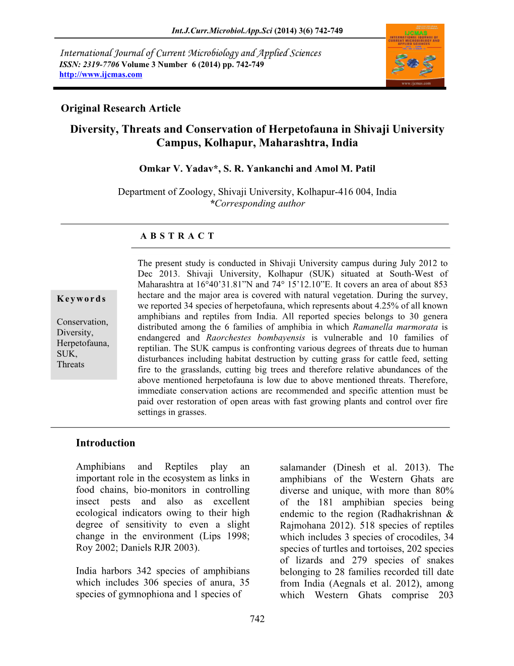 Diversity, Threats and Conservation of Herpetofauna in Shivaji University Campus, Kolhapur, Maharashtra, India