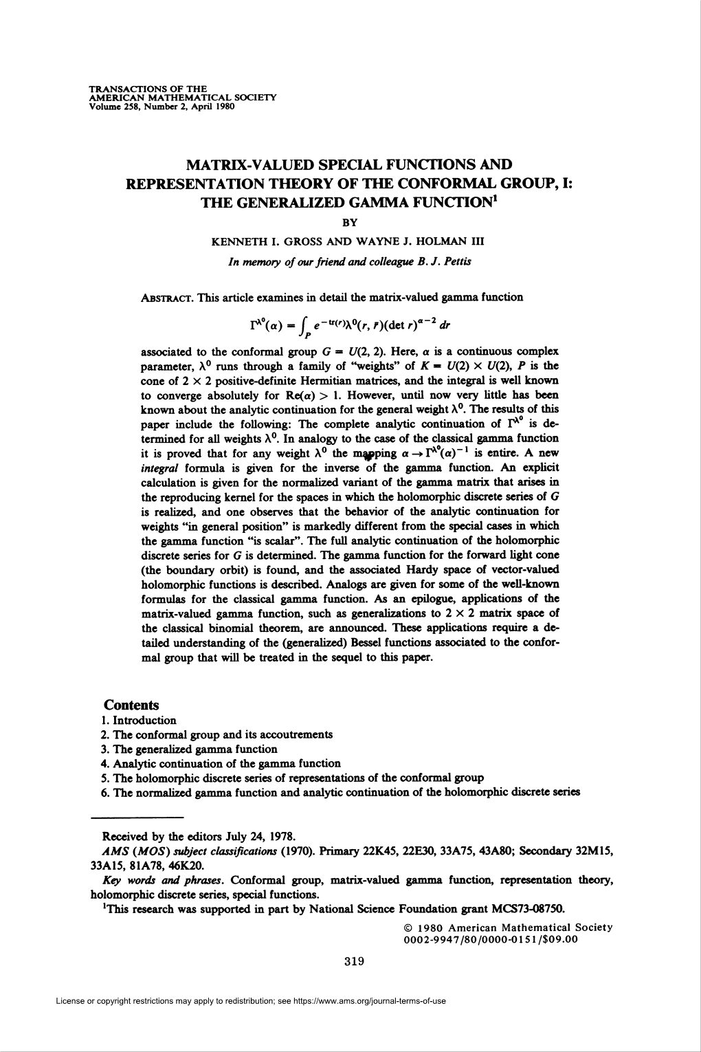 Matrix-Valued Special Functions and Representation Theory of the Conformal Group, I: the Generalized Gamma Function1 by Kenneth I