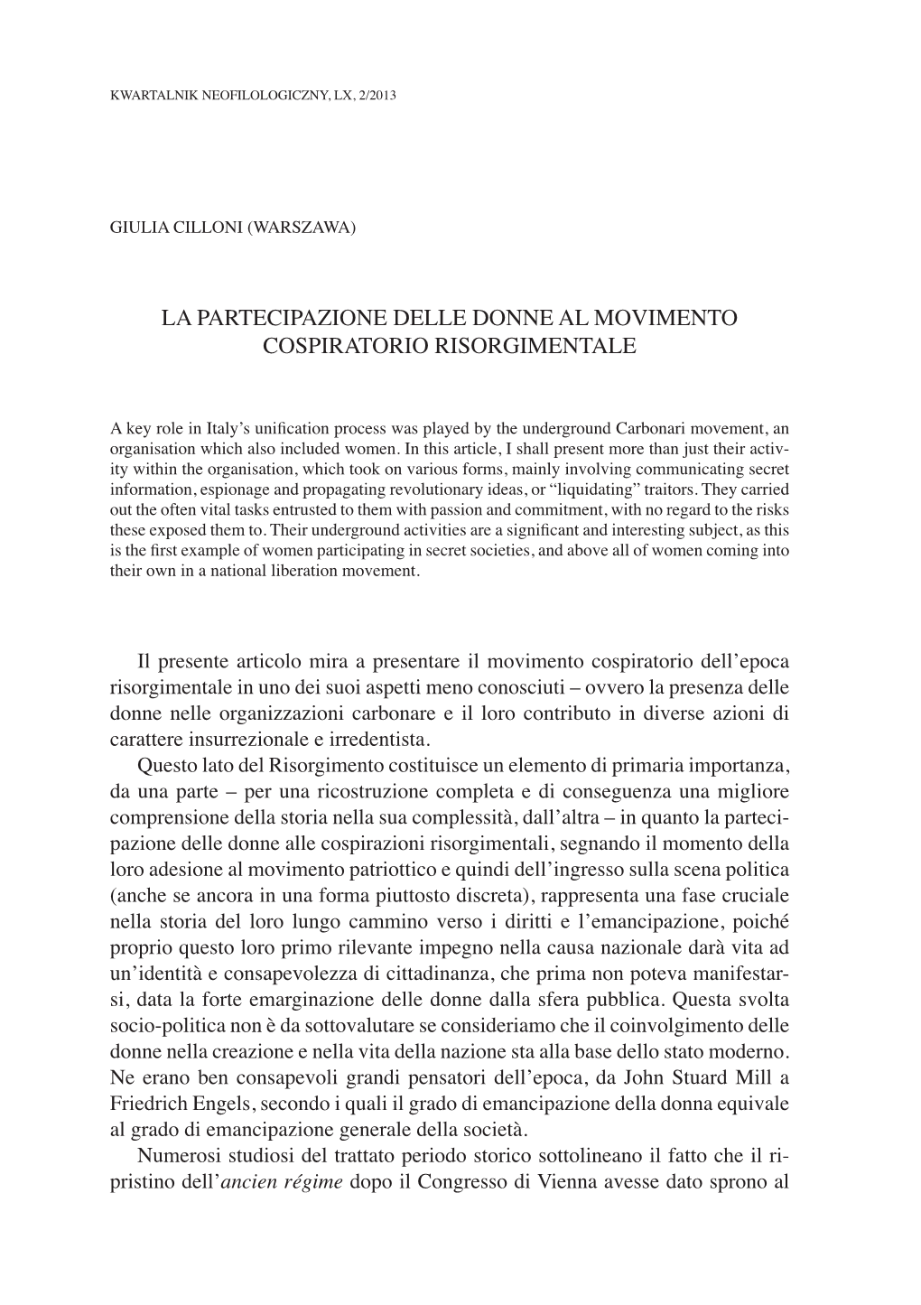 La Partecipazione Delle Donne Al Movimento Cospiratorio Risorgimentale