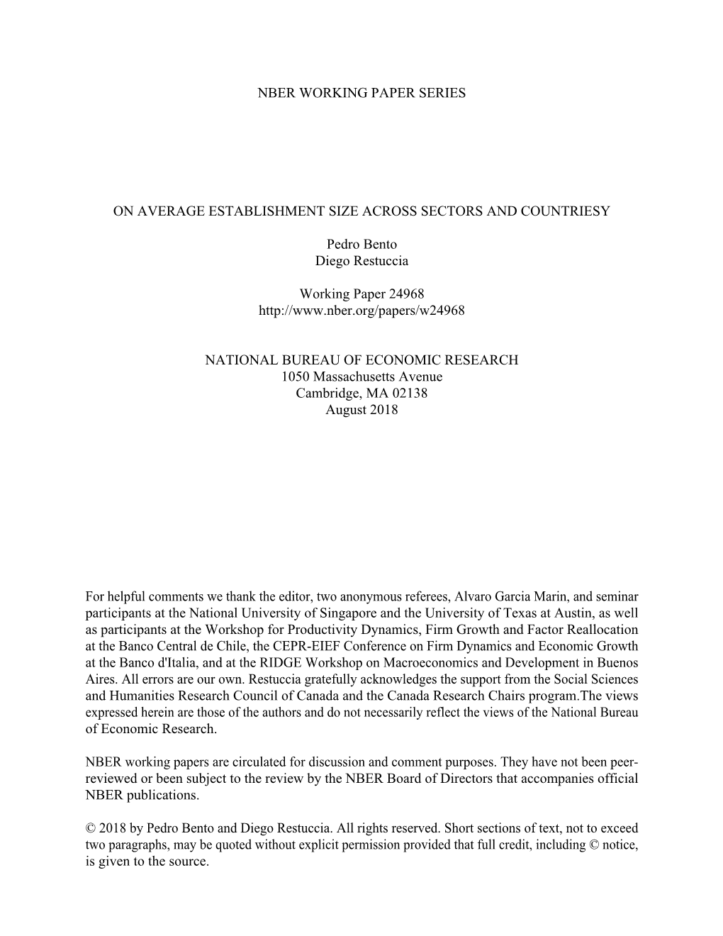 NBER WORKING PAPER SERIES on AVERAGE ESTABLISHMENT SIZE ACROSS SECTORS and COUNTRIESY Pedro Bento Diego Restuccia Working Paper