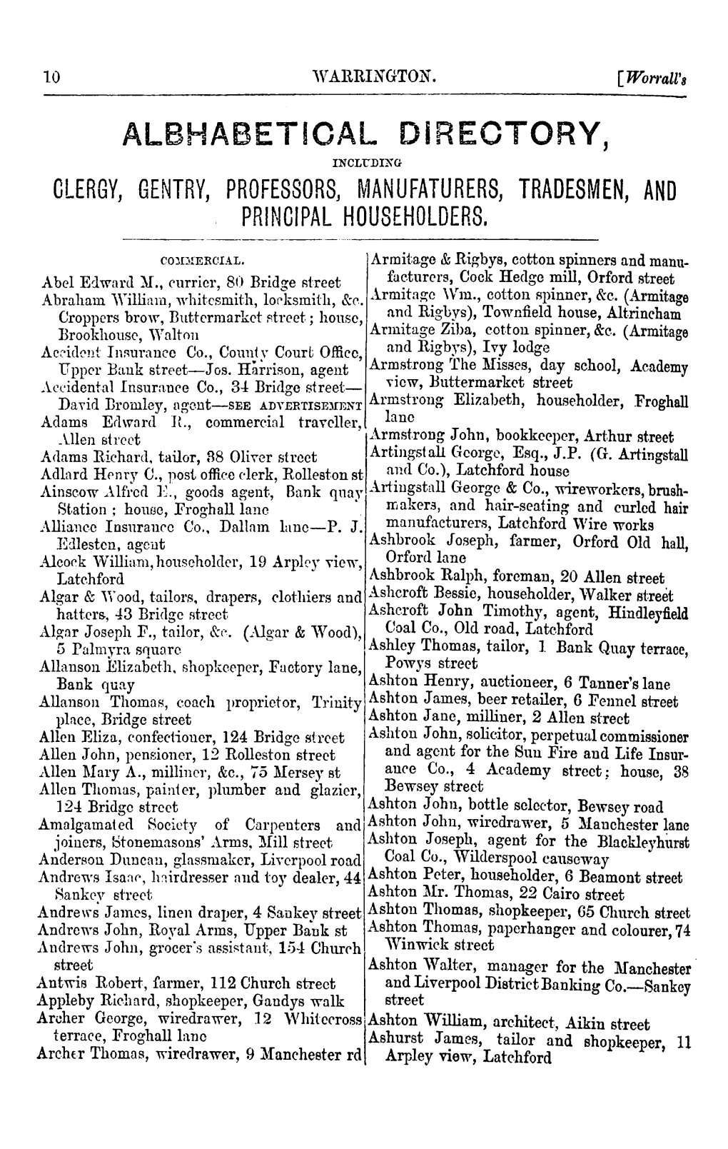 Albhabetical Direotory, Including Clergy, Gentry, Professors, Manufaturers, Tradesmen, and Principal Householders