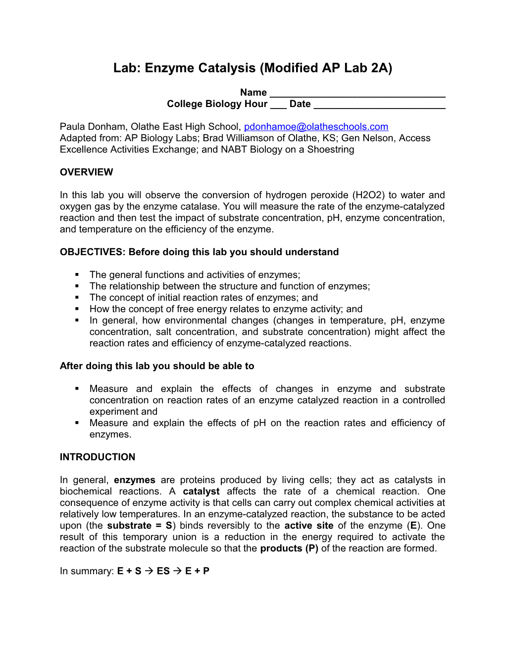 Lab: Enzyme Catalysis (Modified AP Lab 2A)