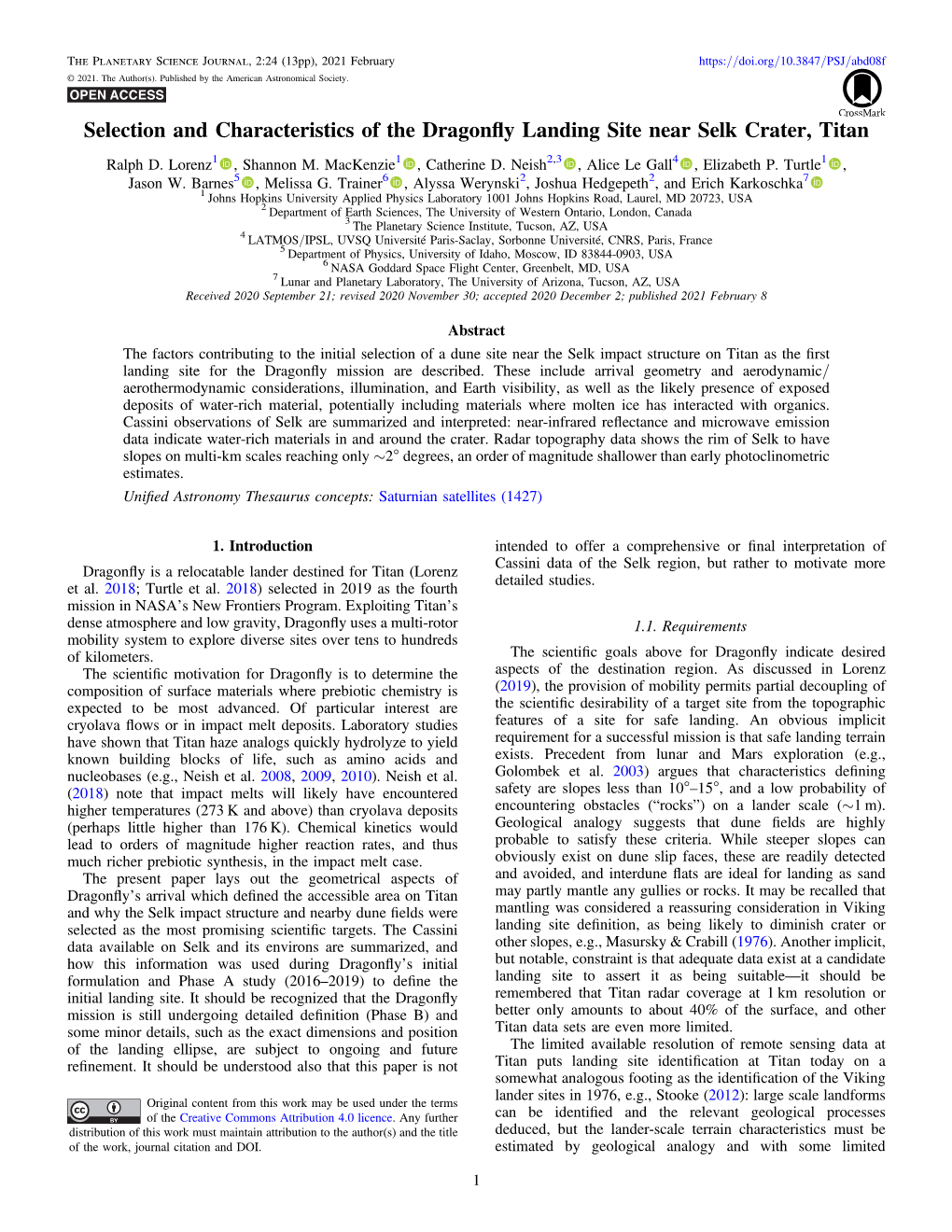 Selection and Characteristics of the Dragonfly Landing Site Near Selk