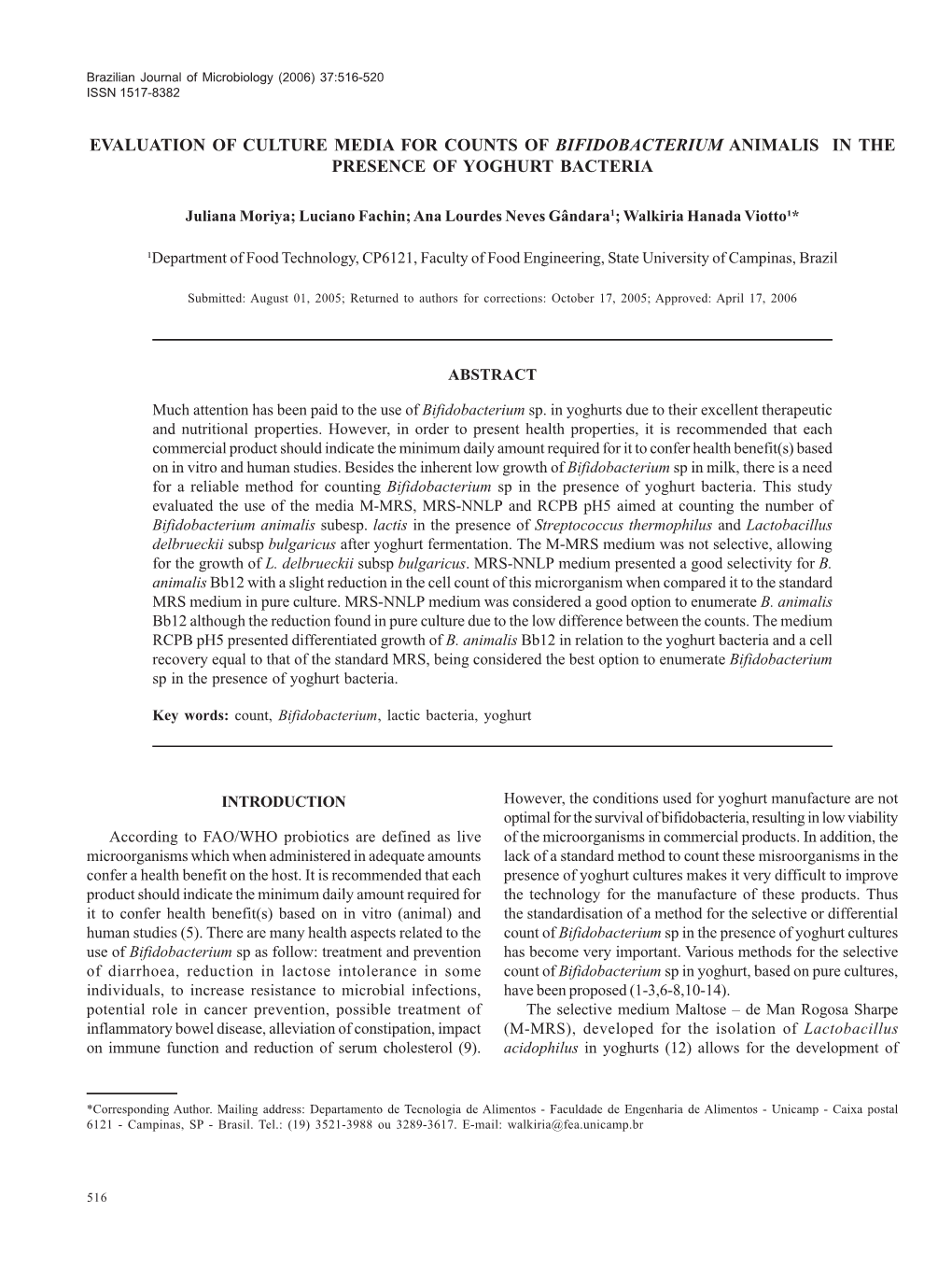 Evaluation of Culture Media for Counts of Bifidobacterium Animalis in the Presence of Yoghurt Bacteria