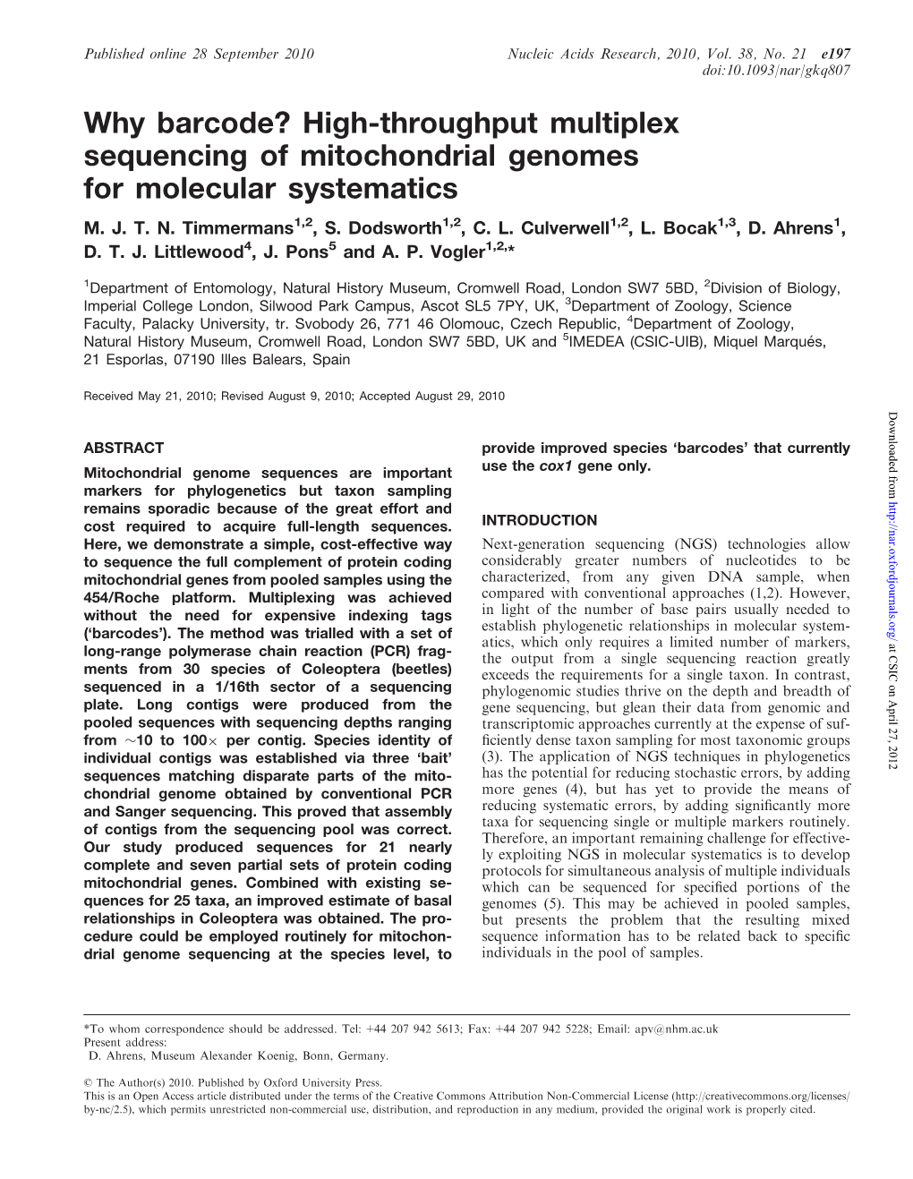 High-Throughput Multiplex Sequencing of Mitochondrial Genomes for Molecular Systematics M