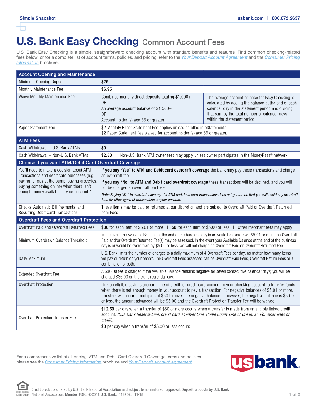 U.S. Bank Easy Checking Common Account Fees U.S