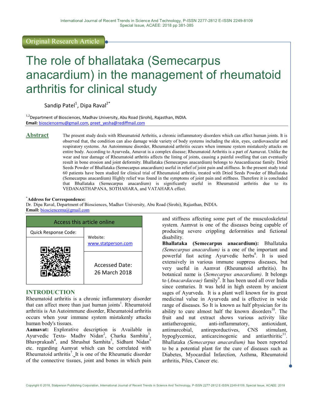 Semecarpus Anacardium) in the Management of Rheumatoid Arthritis for Clinical Study