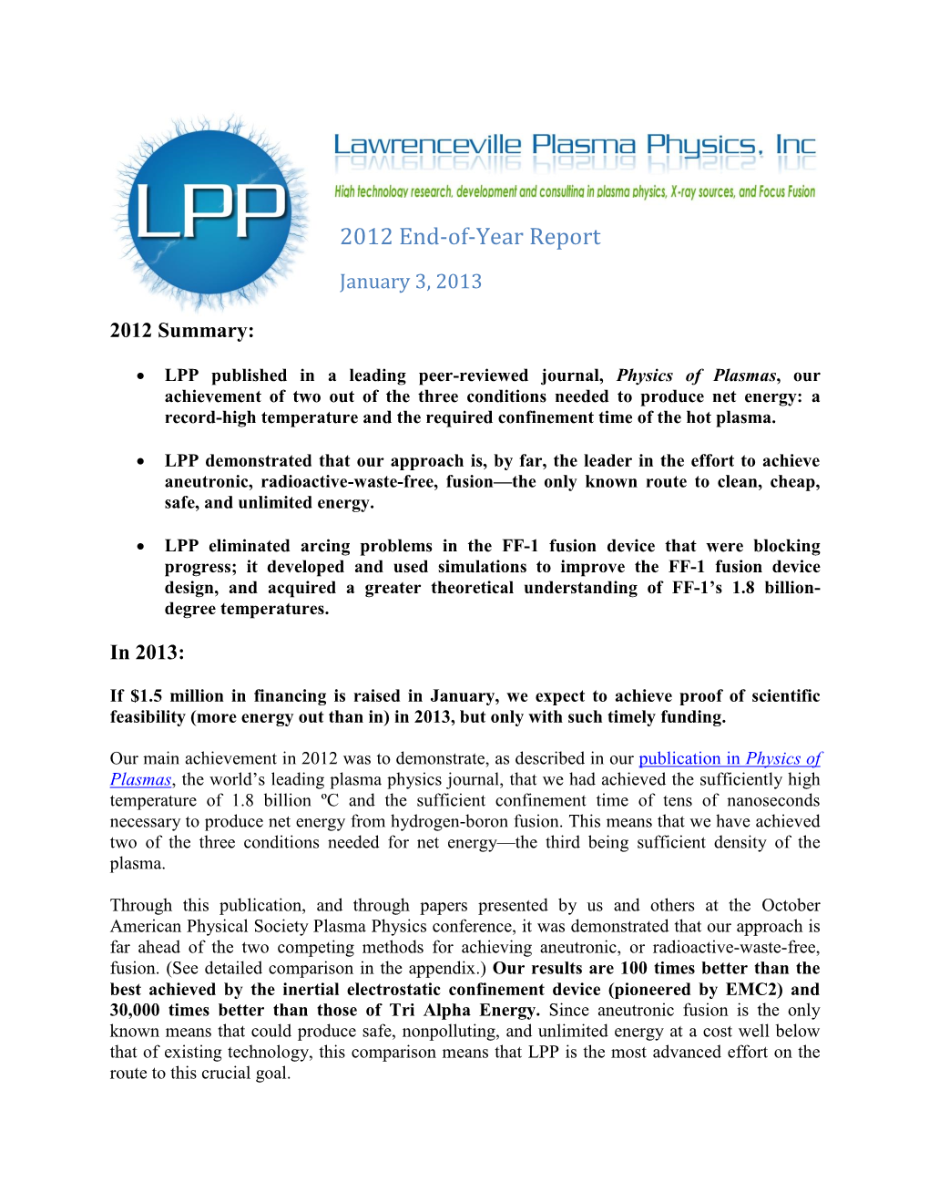 LPP Focus Fusion Report January 3, 2013