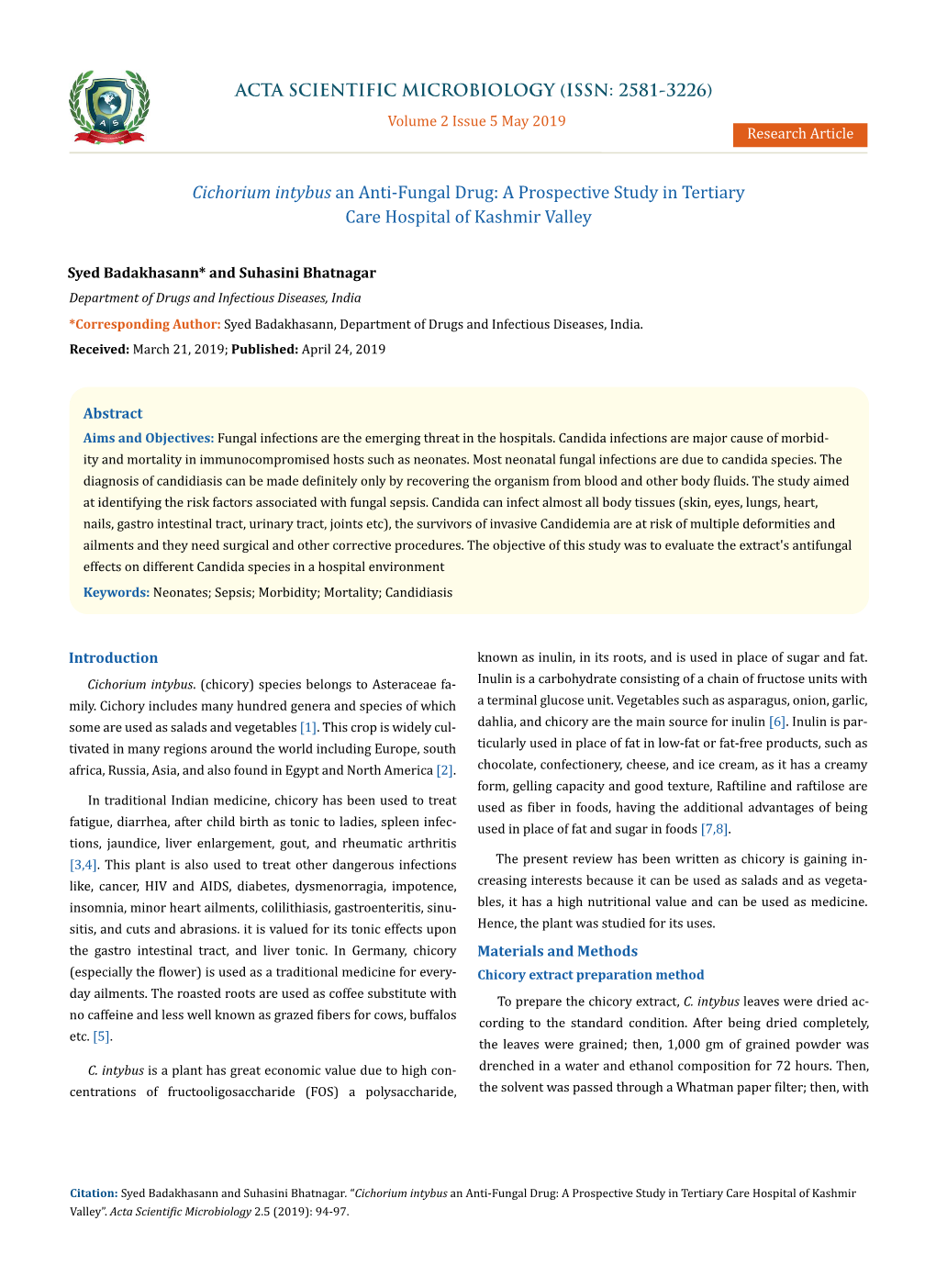 Cichorium Intybus an Anti-Fungal Drug: a Prospective Study in Tertiary Care Hospital of Kashmir Valley