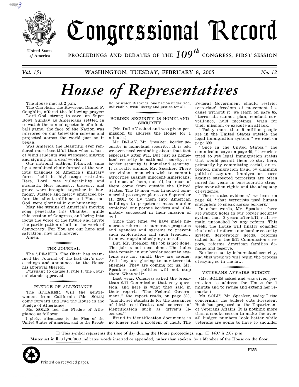 Congressional Record United States Th of America PROCEEDINGS and DEBATES of the 109 CONGRESS, FIRST SESSION