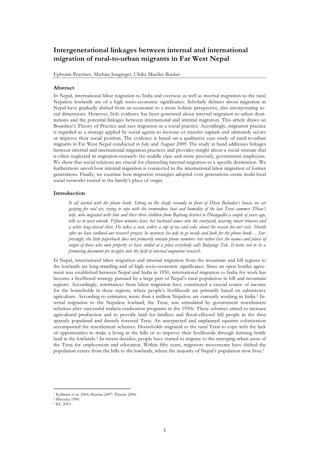 Intergenerational Linkages Between Internal and International Migration of Rural-To-Urban Migrants in Far West Nepal