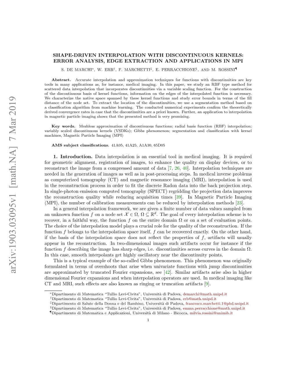 Shape-Driven Interpolation with Discontinuous Kernels: Error Analysis, Edge Extraction and Applications in Mpi