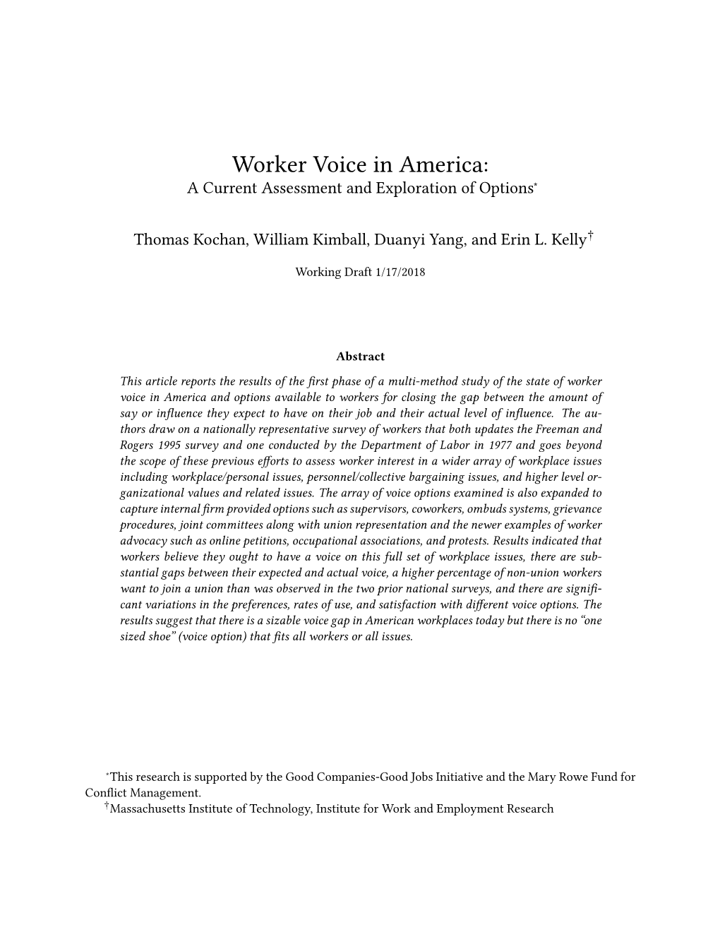 Worker Voice in America: a Current Assessment and Exploration of Options∗
