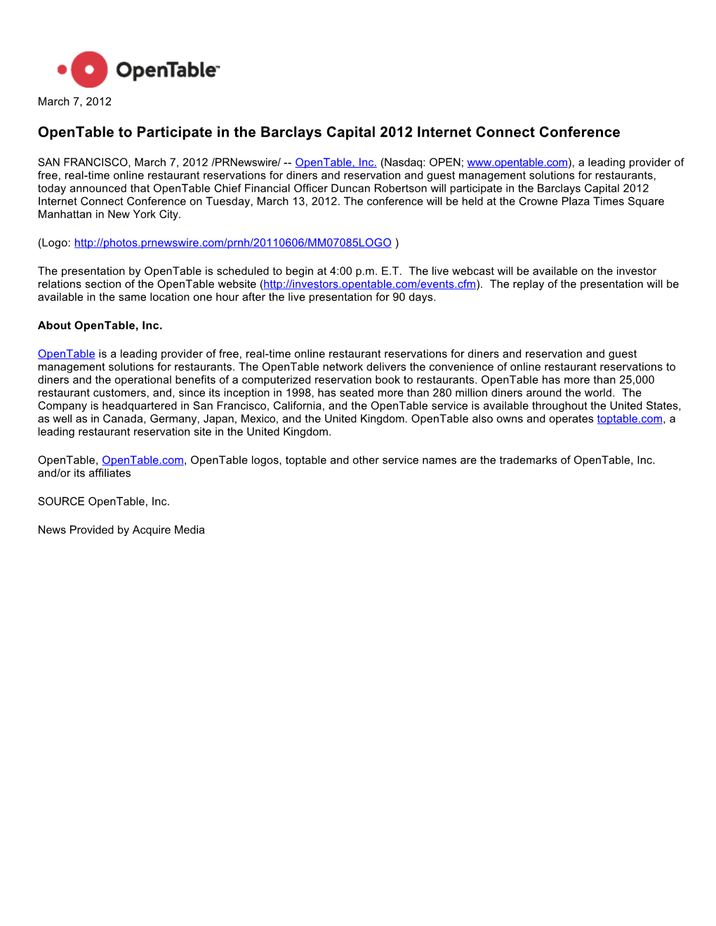 Opentable to Participate in the Barclays Capital 2012 Internet Connect Conference