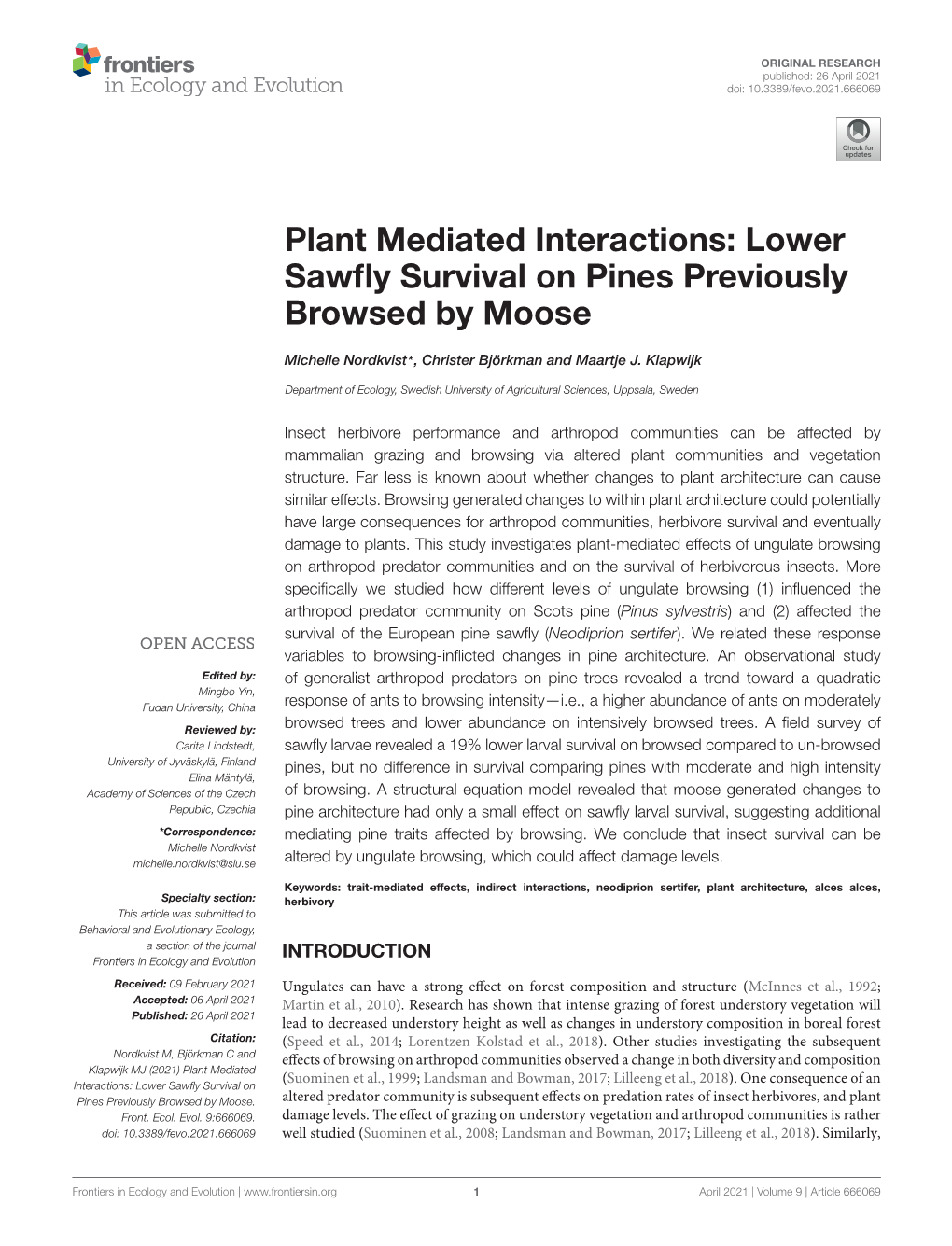 Lower Sawfly Survival on Pines Previously Browsed by Moose