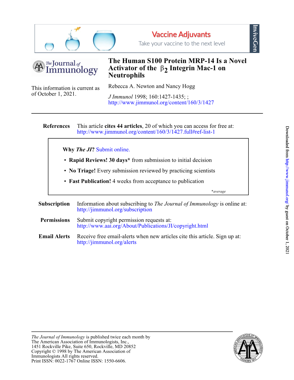 Neutrophils Integrin Mac-1 on 2Β Activator of the the Human S100 Protein MRP-14 Is a Novel