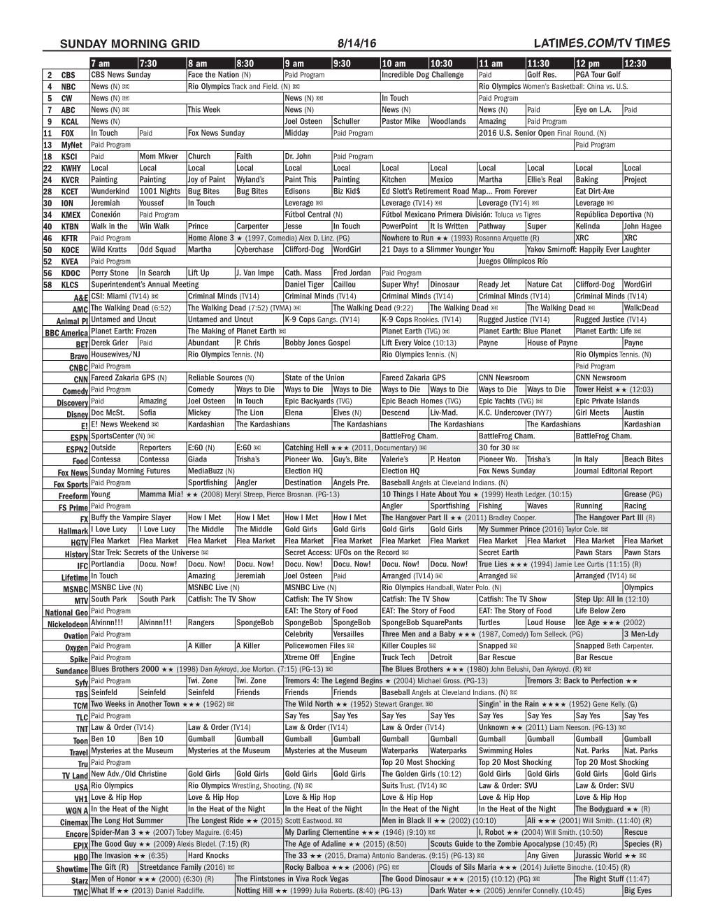 Sunday Morning Grid 8/14/16 Latimes.Com/Tv Times