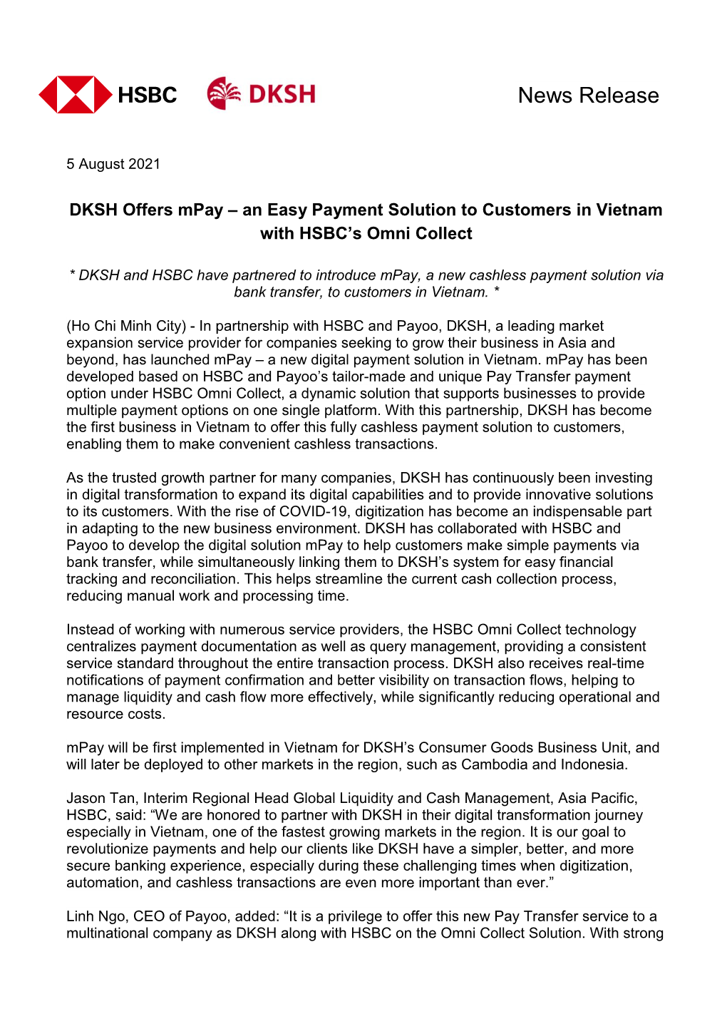 DKSH Offers Mpay – an Easy Payment Solution to Customers in Vietnam with HSBC's Omni Collect