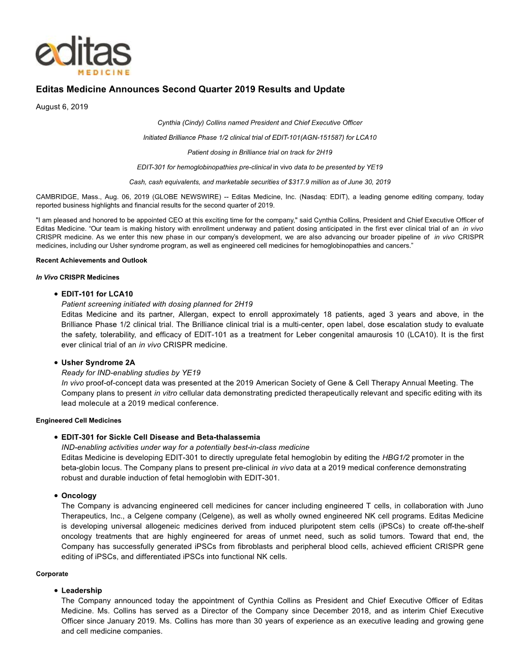 Editas Medicine Announces Second Quarter 2019 Results and Update