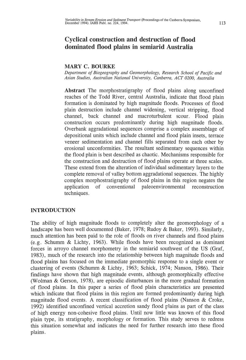 Cyclical Coestraction and Destruction of Flood Dominated Flood Plains in Semiarid Australia