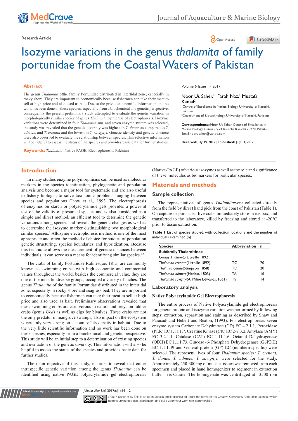 Isozyme Variations in the Genus Thalamita of Family Portunidae from the Coastal Waters of Pakistan