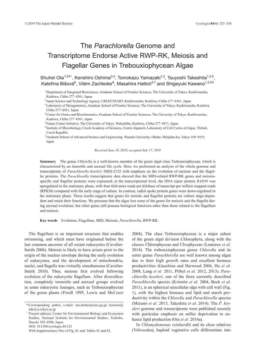 The Parachlorella Genome and Transcriptome Endorse Active RWP-RK, Meiosis and Flagellar Genes in Trebouxiophycean Algae