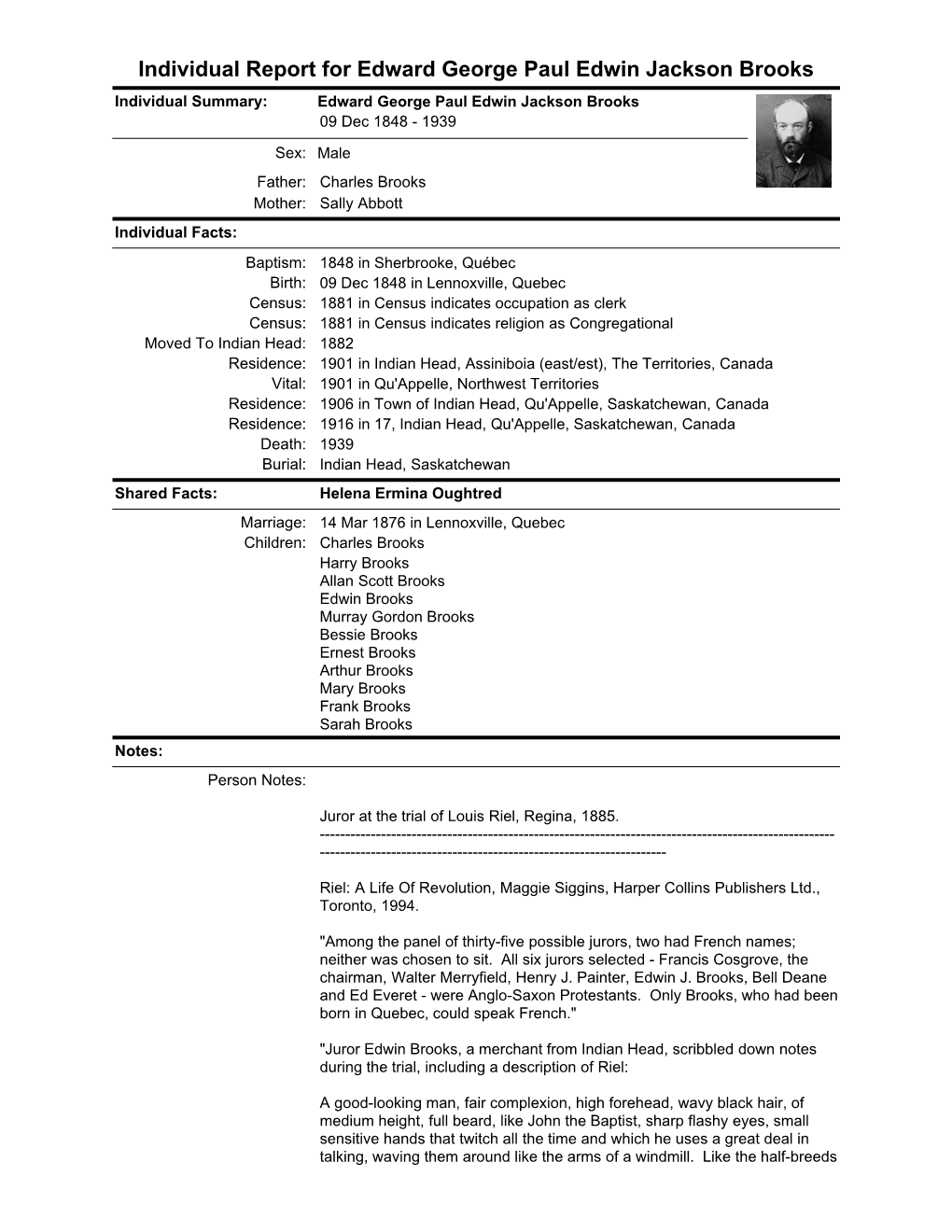 Individual Report for Edward George Paul Edwin Jackson Brooks Individual Summary: Edward George Paul Edwin Jackson Brooks 09 Dec 1848 - 1939