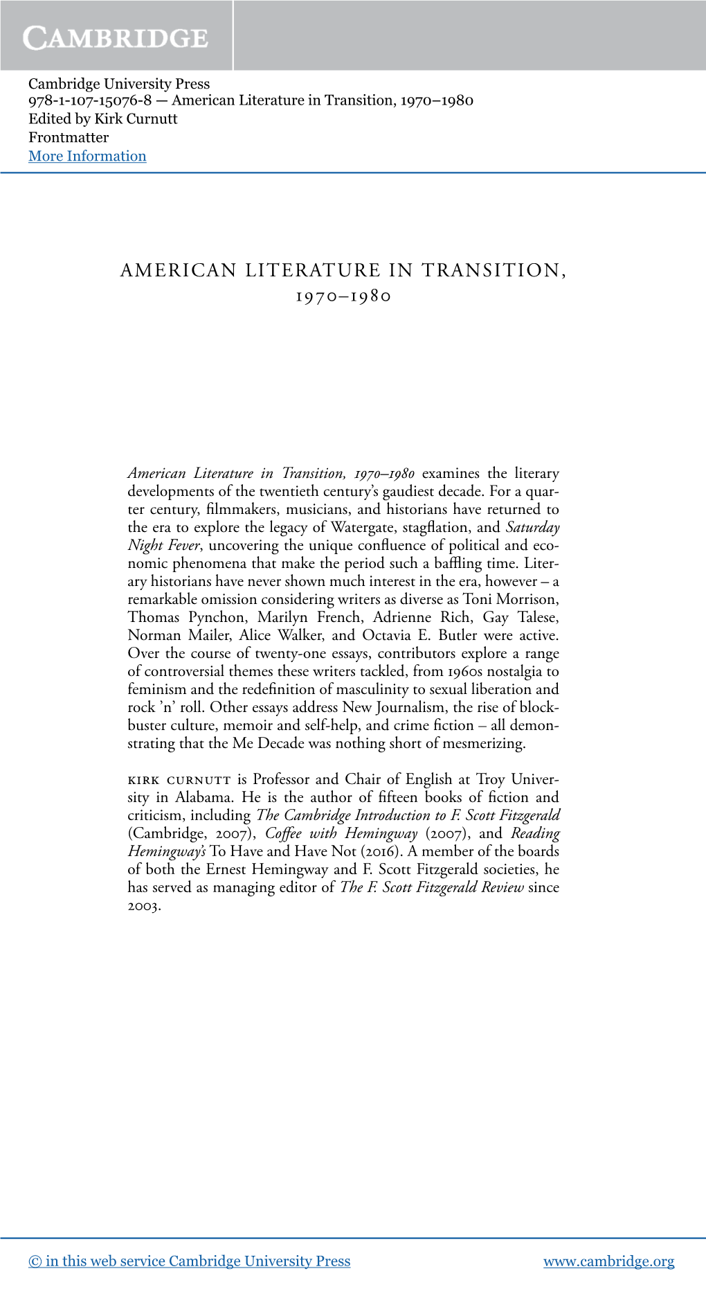 American Literature in Transition, 1970–1980 Edited by Kirk Curnutt Frontmatter More Information