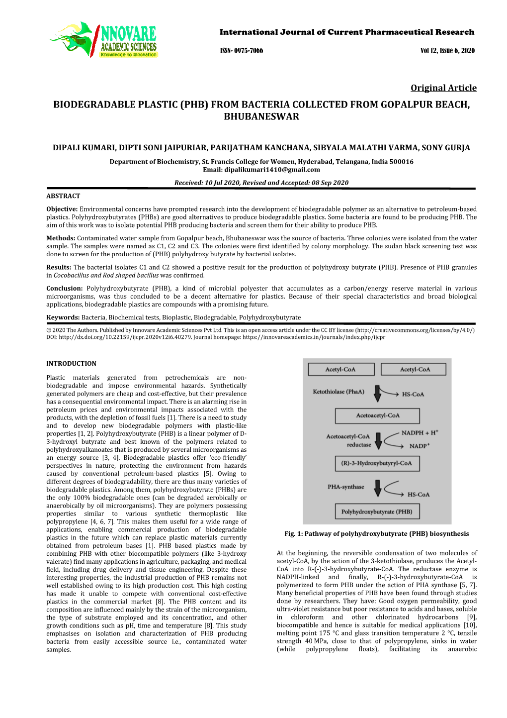 Biodegradable Plastic (Phb) from Bacteria Collected from Gopalpur Beach, Bhubaneswar