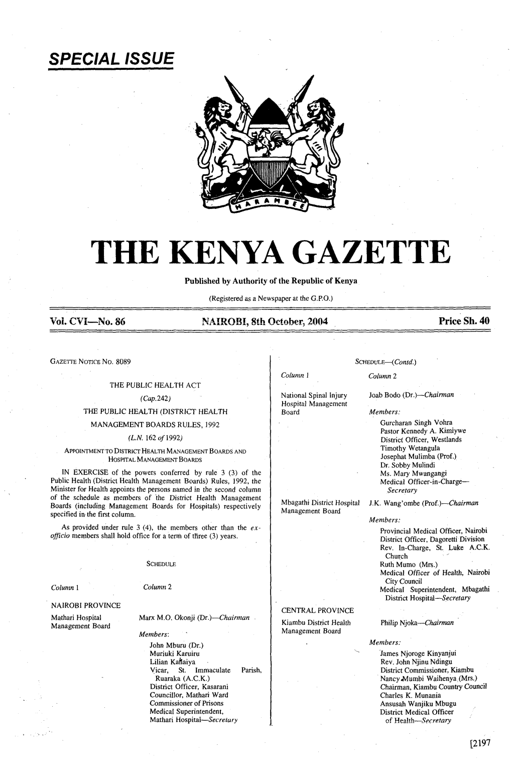 THE KENYA GAZETTE 8Th October, 2004