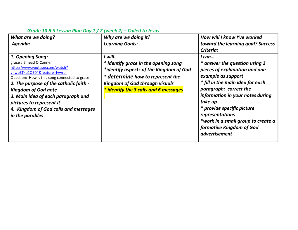 Grade 10 R.S Lesson Plan Day 1 / 2 (Week 2) Called to Jesus