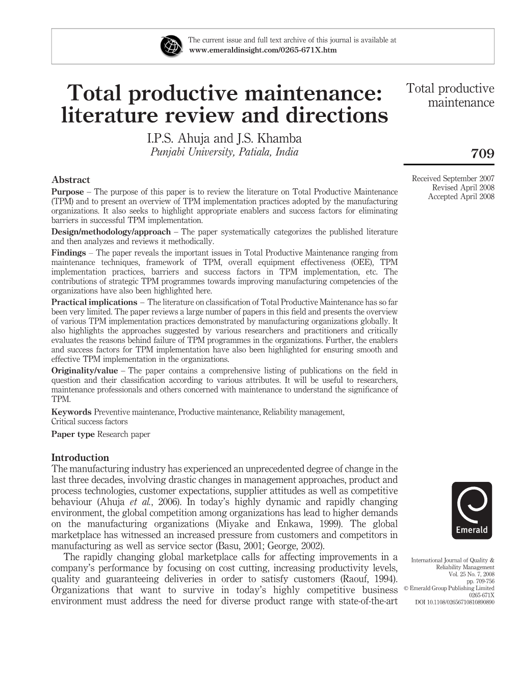 Total Productive Maintenance: Maintenance Literature Review and Directions I.P.S