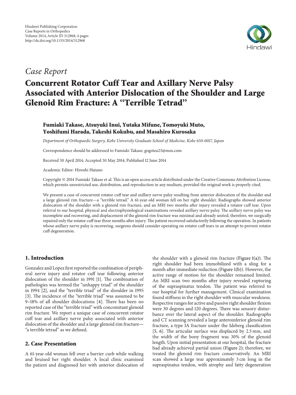 Concurrent Rotator Cuff Tear and Axillary Nerve Palsy Associated with Anterior Dislocation of the Shoulder and Large Glenoid Rim Fracture: a ‘‘Terrible Tetrad’’