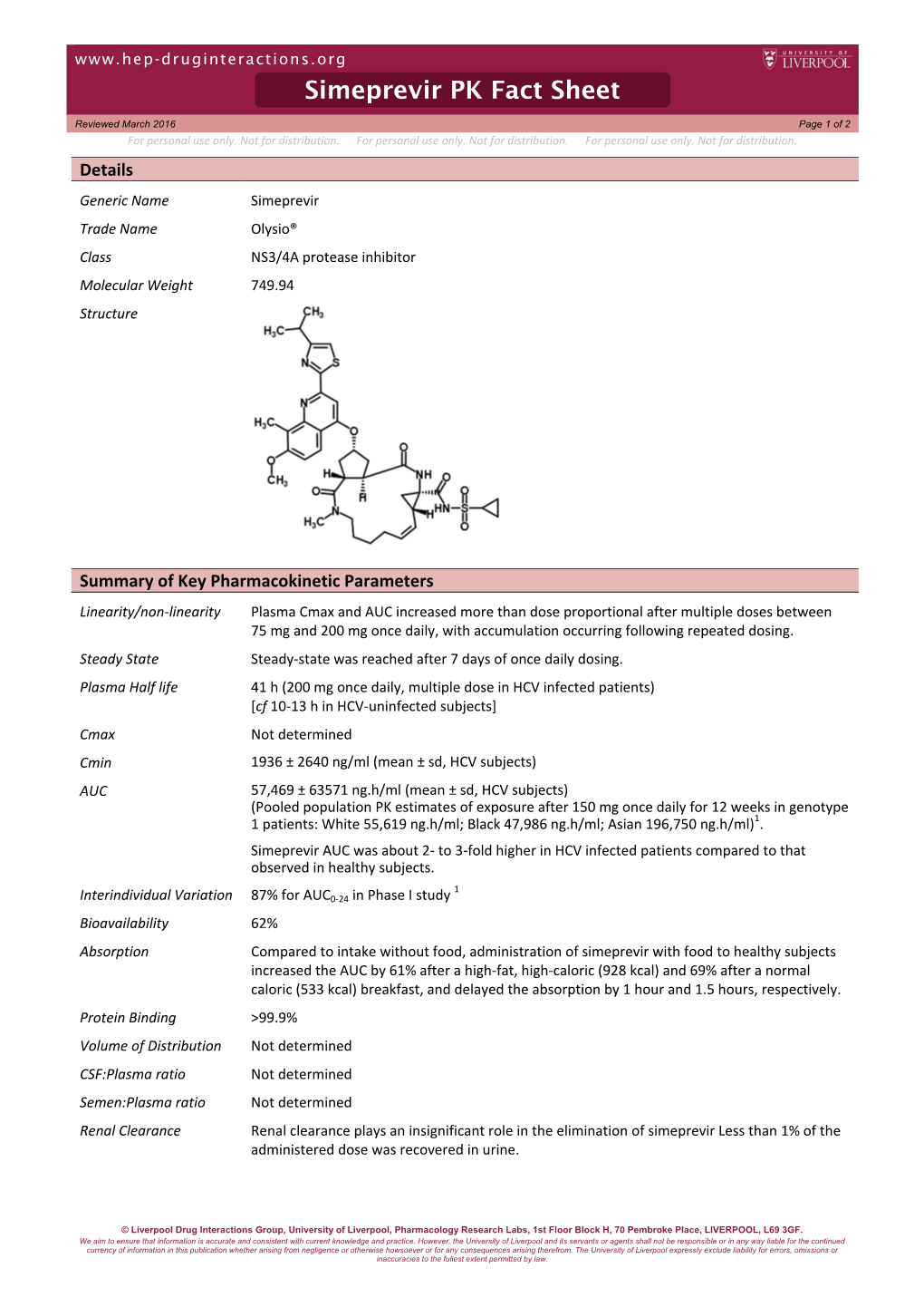 Simeprevir PK Fact Sheet Reviewed March 2016 Page 1 of 2 for Personal Use Only