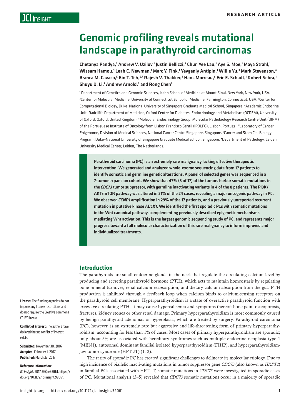 Genomic Profiling Reveals Mutational Landscape in Parathyroid Carcinomas