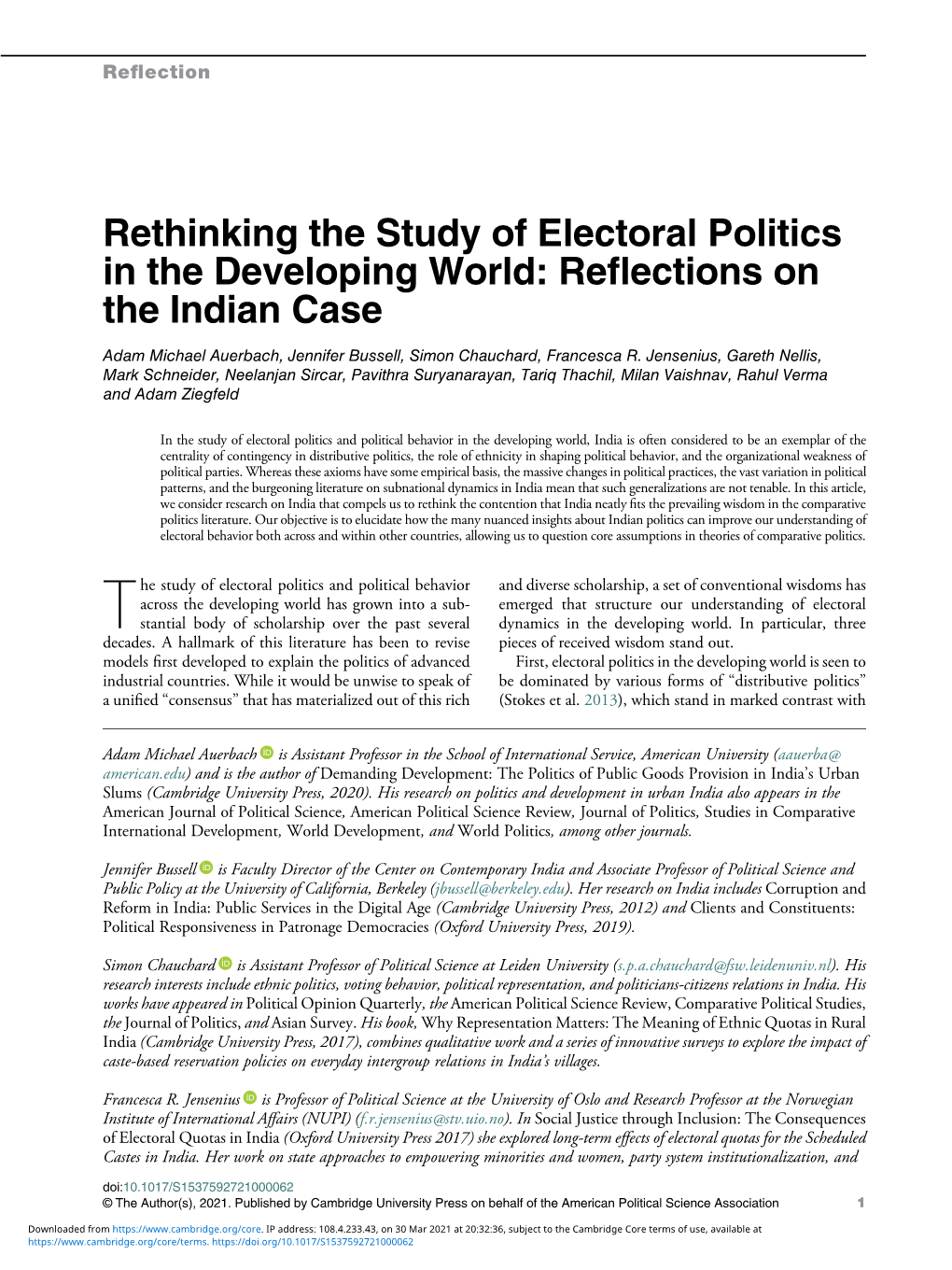 Rethinking the Study of Electoral Politics in the Developing World: Reﬂections on the Indian Case