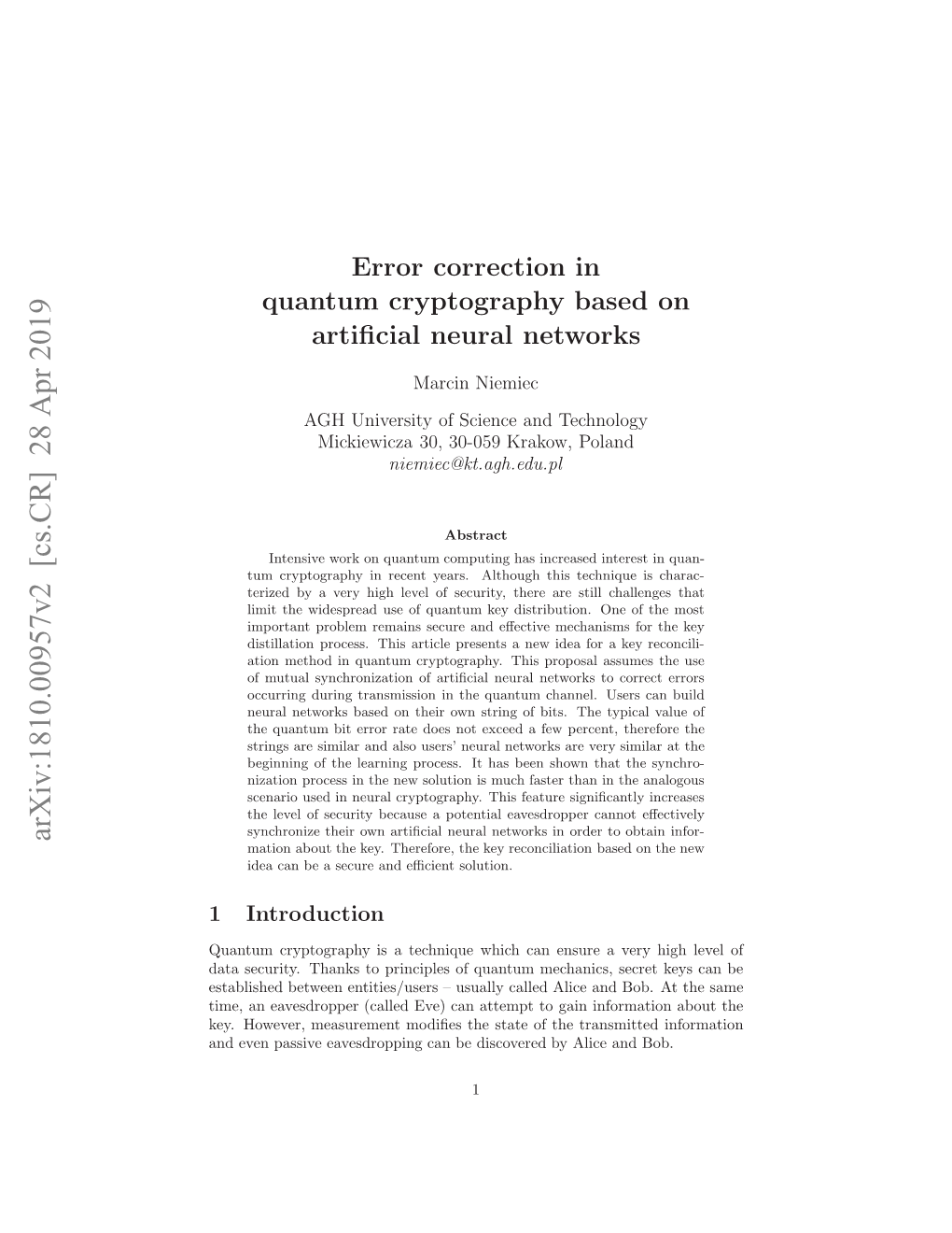 Error Correction in Quantum Cryptography Based on Artificial