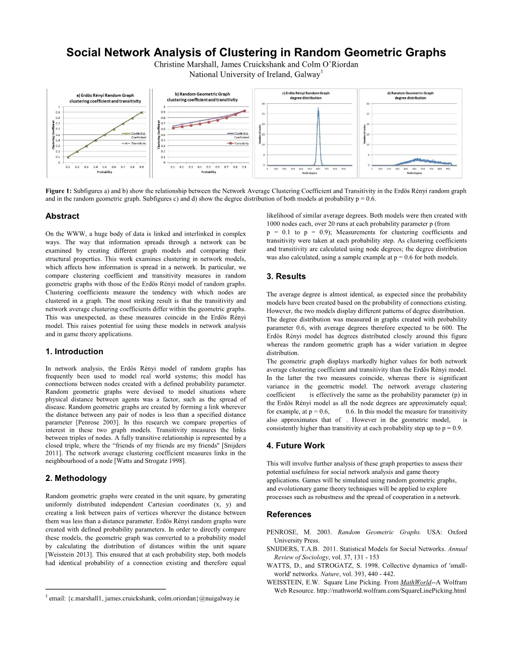 Social Network Analysis of Clustering in Random Geometric Graphs Christine Marshall, James Cruickshank and Colm O’Riordan National University of Ireland, Galway1