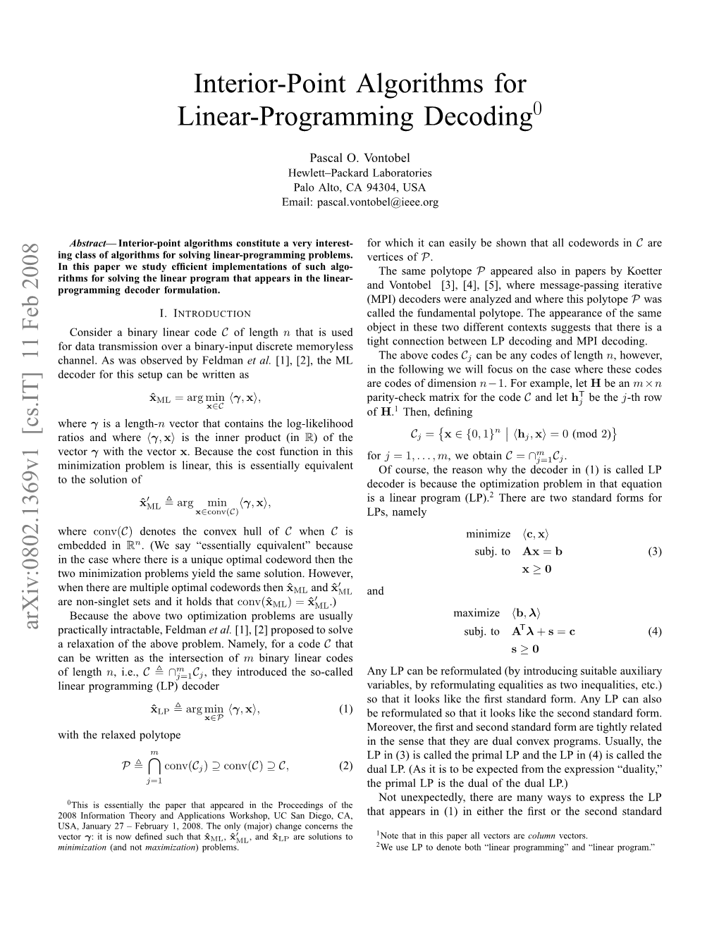 Interior-Point Algorithms for Linear-Programming Decoding