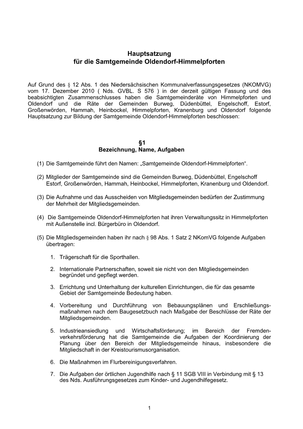 Hauptsatzung Für Die Samtgemeinde Oldendorf-Himmelpforten