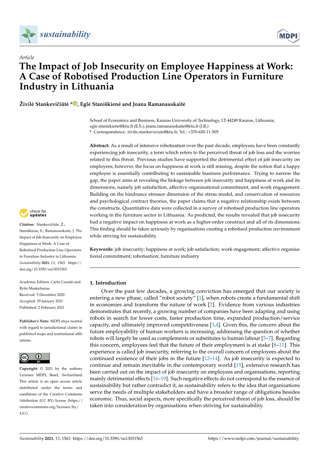 The Impact of Job Insecurity on Employee Happiness at Work: a Case of Robotised Production Line Operators in Furniture Industry in Lithuania