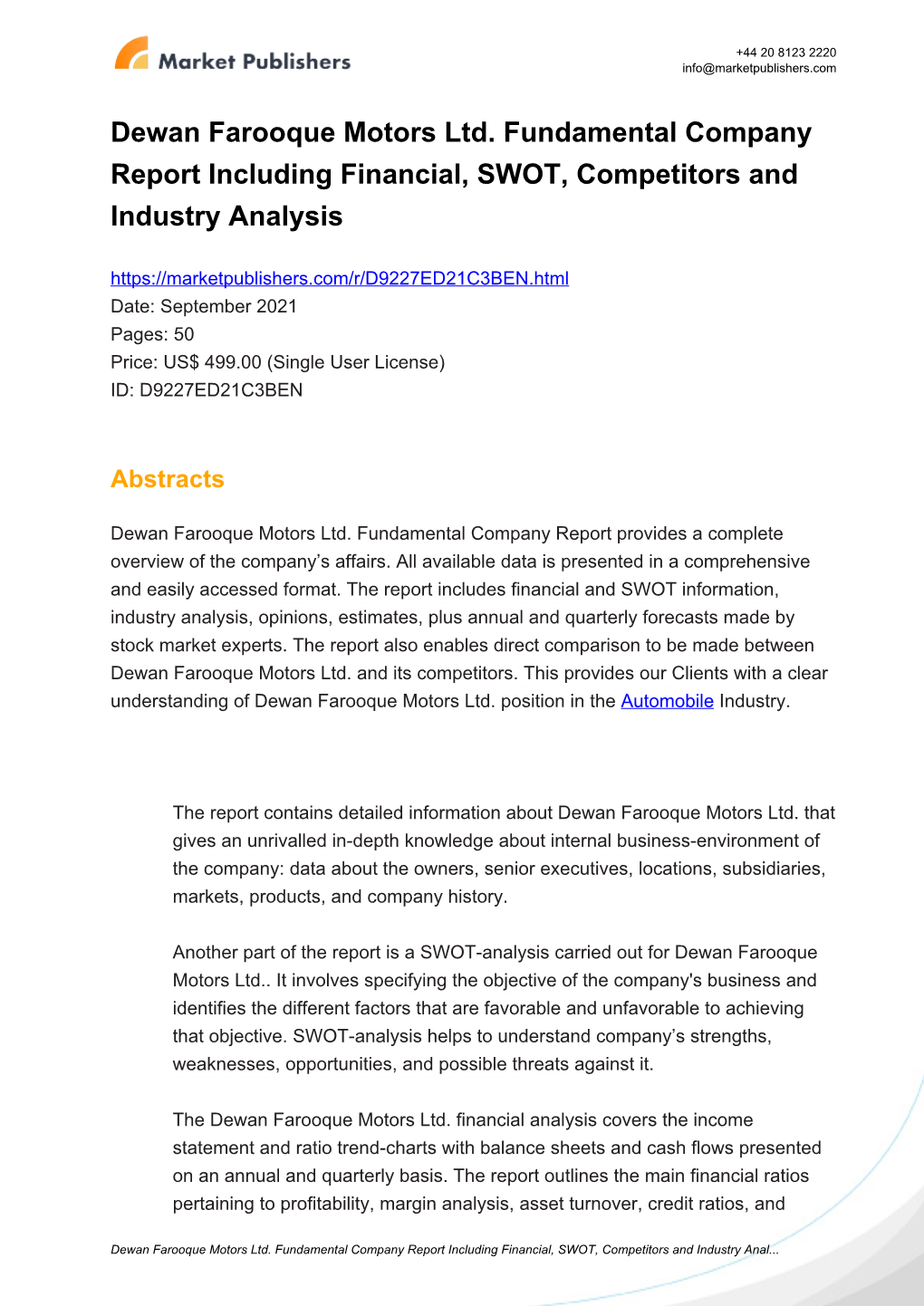 Dewan Farooque Motors Ltd. Fundamental Company Report