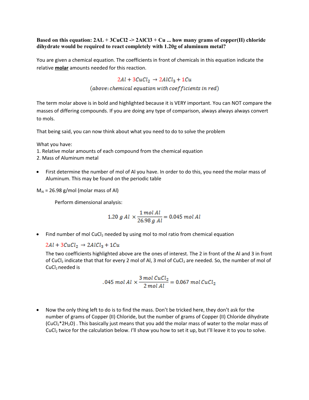 Based on This Equation: 2AL + 3Cucl2 -> 2Alcl3 + Cu How Many Grams of Copper(II) Chloride